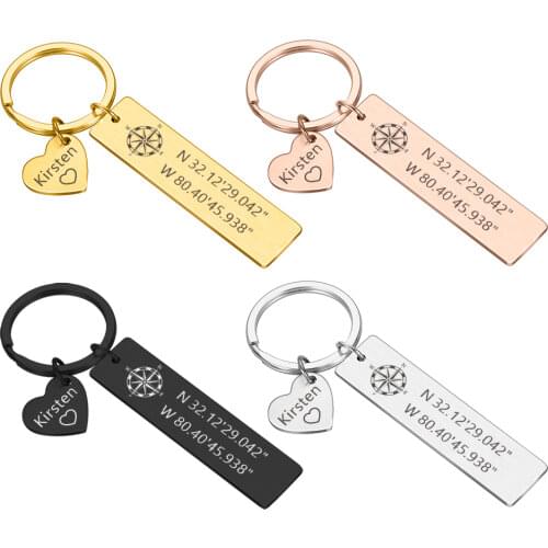 Custom Keychain Personalized Gift Engrave Name and Latitude Key Chain Accessories for Couples Men Women Husband Gift Keyring