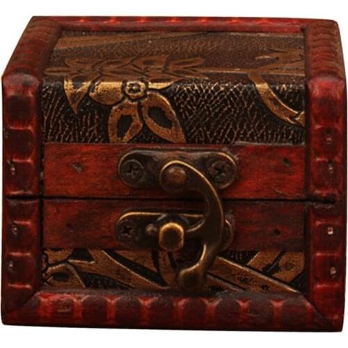 Wooden Box Vintage Small Wood Flower Coin Pattern Box Jewelry Bracelet Storage Holder Case Handmade Lock Organizer Gift Storage
