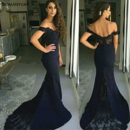 Elegant Navy Blue Mermaid Prom Dresses with Lace Appliques Off Shoulder Backless Longue Formal Wears New Arrivals Vestidos