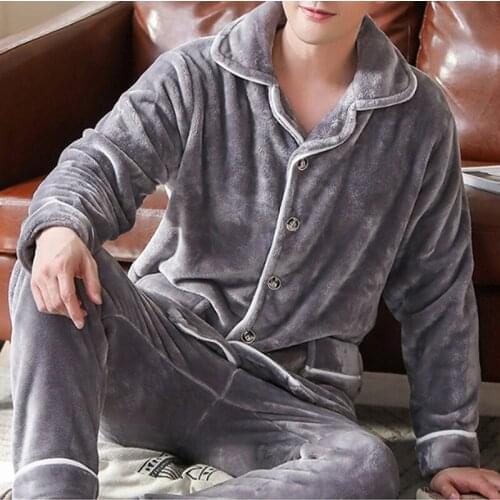 Man Quality Thick Warm Pajama Sets Men Flannel Long Sleeve Sleepwear Fashion Solid Color Homewear For Male