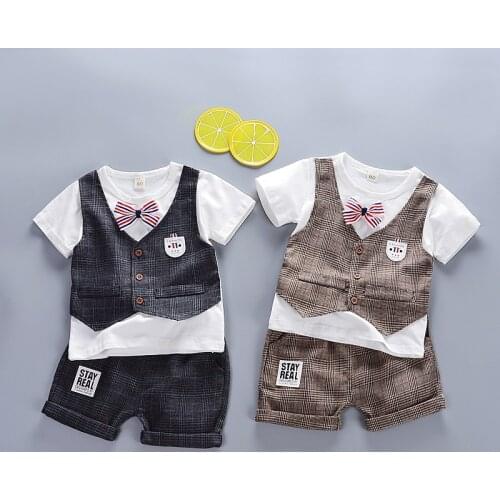 Baby Boy Clothing Sets Infants Newborn Boy Clothes Shorts Sleeve Tops+Overalls 2PCS Outfits Summer Bebes Waistcoat Clothing