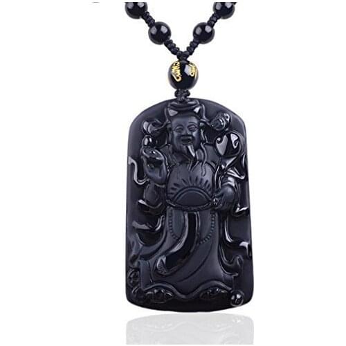Koraba Fine Jewelry Handmade Obsidian Wish Wealth God of Wealth Mammon Statue Pendant Necklace Free Shipping