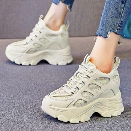 Fashion Sneaker Womens Shiny Glitter Genuine Leather Ankle Boot Platform Wedge Increasing Height Casual Shoes 34 35 36 37 38 39