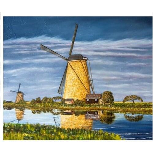 DIY Digital Painting By Numbers Riverside windmill oil painting mural Kits Coloring Wall Art Picture Gift frameless