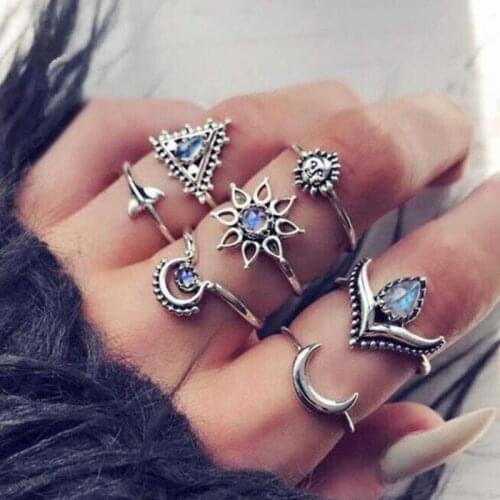 Tocona Bohemian Blue Crystal Ring Set for Women Girl Geometic Flower Carving Fishtail Knuckle Anel Rings Party Jewelry 6756