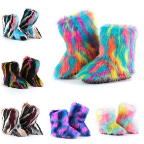 2020 Winter New Arrival Fashion Luxury Womens Fluffy Snow Boots Ladies Furry Faux Fur Snow Boots Girls Plush Warm Shoes 34-44