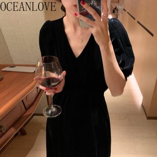 OCEANLOVE Korean Autumn Vestidos Velvet Solid Black Puff Sleeve Evening Party Dress for Women 2021 V Neck Elegant Robe Femme