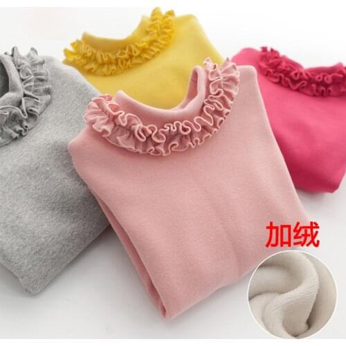 Girls' Wear 2021 Spring and Autumn Underpants Childrens Big Childrens Round Neck Lace Solid Color Girls' T-Shirt Top Plush