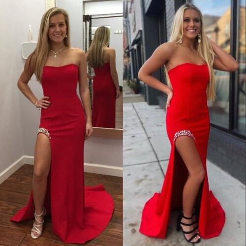 High Slit Prom Dress 2020 Sheath Long Military White Formal Party Pageant Gowns Strapless Neck Zipper Back Sleeveless Red