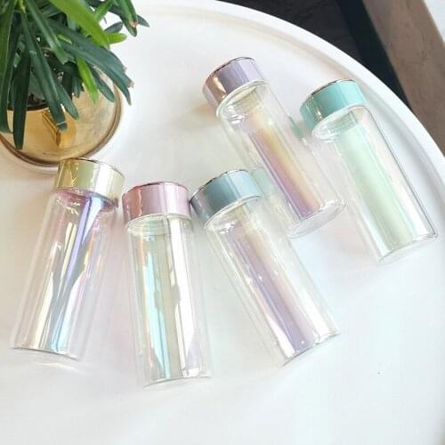 5 Colors Transparent Glass Water Bottles 300ml Cute Water Cup Portable Water Cup Juicing Bottle With Electroplating Cover