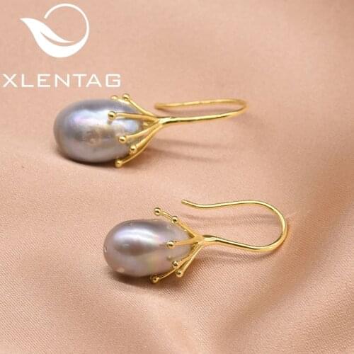 XlentAg 925 Sterling Silver Natural Fresh Water Gray Pearl Earrings For Women Girl Wedding Party Gift Pendientes Mujer GE0335D