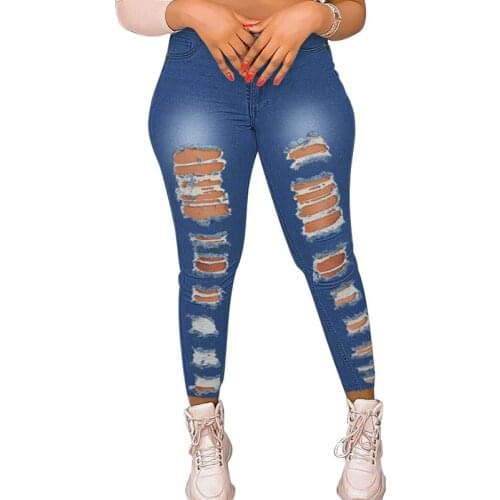Vintage Washed Ripped Jeans Women Plus Size Korean High Waist Trousers Skinny Denim Jeans Dark Blue Hollow Bleached Pencil Pants