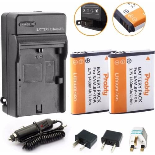 Probty 2x BP-70A BP70A li ion battery + charger + car adapter For Samsung PL80 PL90 PL100 ES70 SL50 SL600 ST30 ST60 ST65 TL105