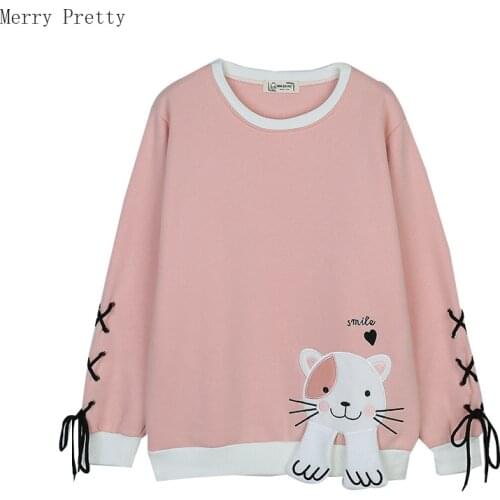 Cartoon Animal Dog Embroidery Cotton Sweatshirt 2020 Summer New Women Lace Up Loose O-Neck Cotton Pullover Harakuju Sweatshirt