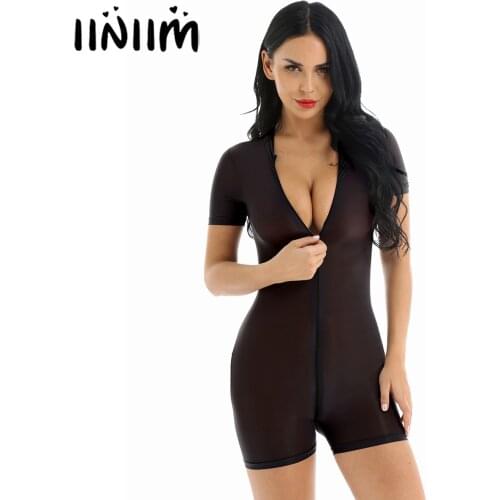 Iiniim Womens Female See Through Sheer Sexy Bodysuit Night Clubwear Zipper Short Bodycon Jumpsuit Romper Wetlook Costumes