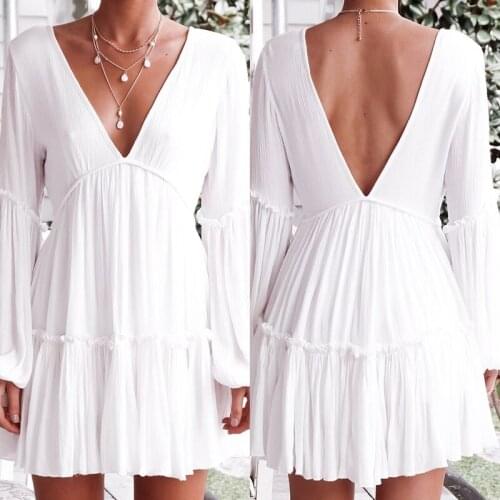 Sexy Deep V Neck Backless Women Dress Elegant Hollow Out Streetwear Bohemian Beach Dress