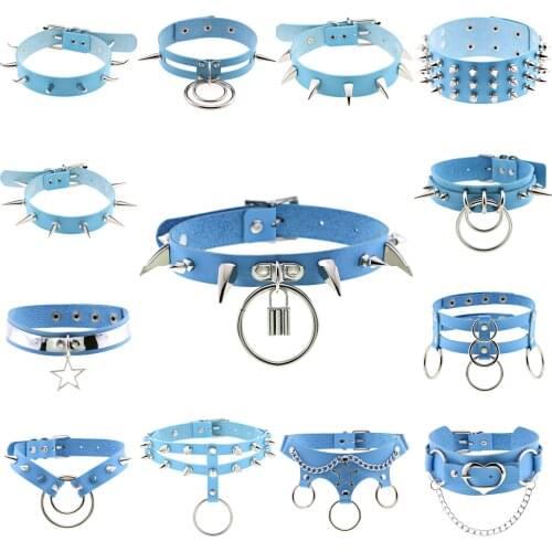 Sexy Punk Egirl Choker Collar Sky Blue Leather Necklaces Women Bondage Cosplay Goth Spike Choker Belt Jewelry Emo Harajuku Gifts