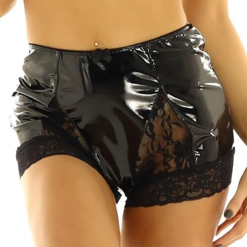 Womens Lingerie Latex Underwear Wet Look Leather Hot Sexy Panties High Waist Front Lace Panel Full Coverage Panty Boy Shorts