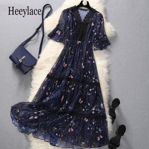 Plus Size Women Summer Chiffon Print Long Dresses Women Lace Butterfly Sleeve V Neck Office Ladies Lace Patchwork Elegant Dress