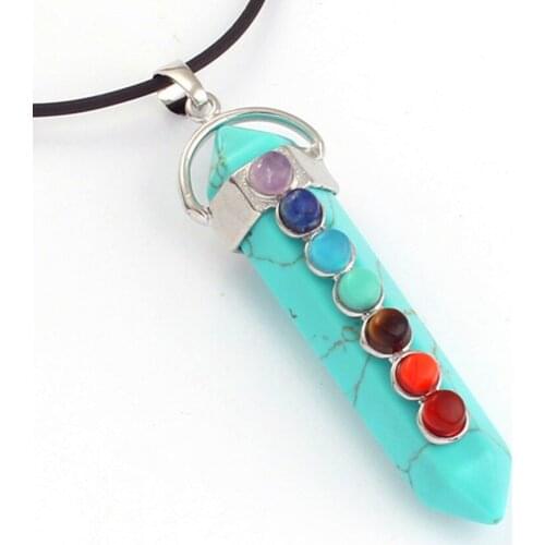 100-Unique 1 Pcs Silver Plated Hexagon Prism with 7 Round Beads Pendant Green Turquoises Stone Jewelry
