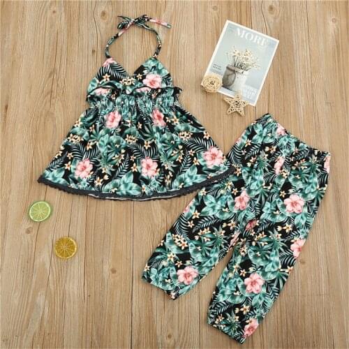 2021 New Girl’s Summer 2 Piece Set Sleeveless Flower Halter Tops Camisole and Elastic Long Pants Casual Outfits for 1-6 Years