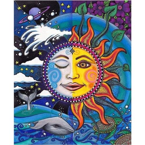 Diamond Painting Full Circle Diamond Kit Rhinestone Picture Art Craft Home Door Decoration (Sun And Moon)