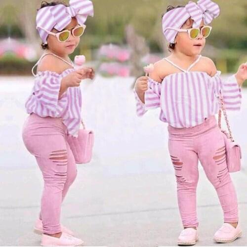 Children Kids Girls Off Shoulder Stripe Tops+Ripped Pants+Headbands Set Outfit dropship products pink vetement enfant fille new