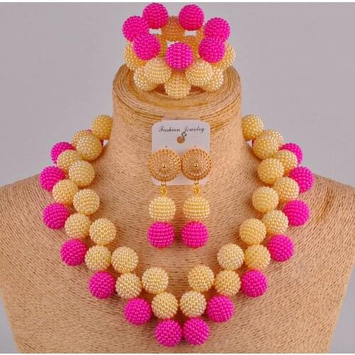Fuchsia pink and champagne gold costume necklace african set nigerian wedding jewelry sets FZZ110