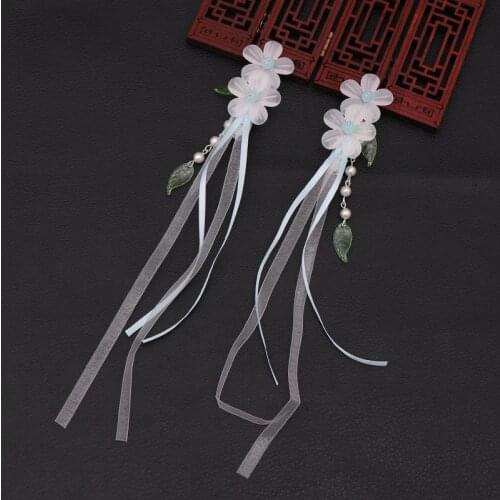 Hot Sale Retro Ancient Chinese Dress Hanfu Headpieces Flower Simulated Pearl Hairpins Clips with Ribbons Bride Wedding Hairgrips