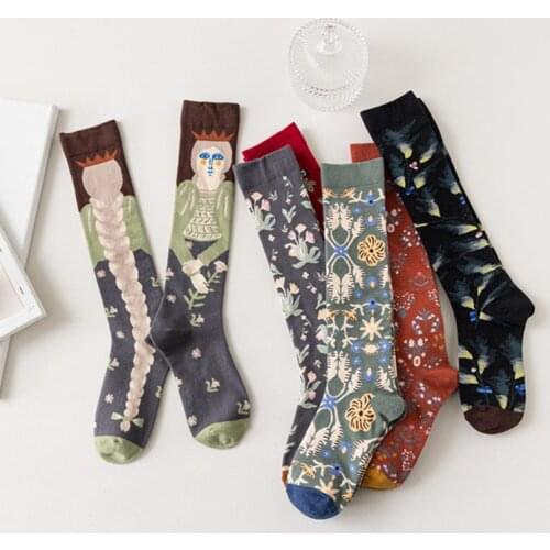 Cotton Retro Style Oil Painting Abstract Leg Medias Long Socks Women Over KneeThigh High Stockings Ladies Girls Warm Knee Socks