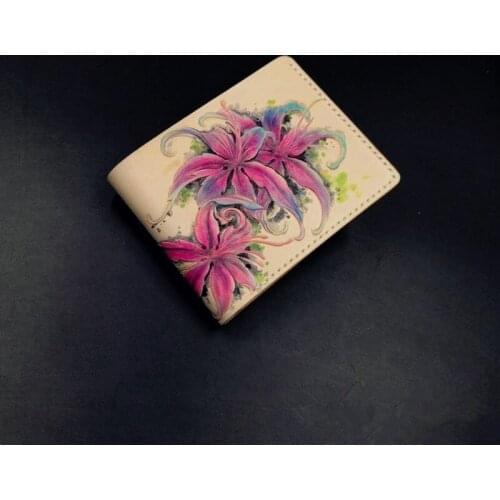Hand-made Short Wallets Romantic Violet Flowers Purses Women Men Clutch Vegetable Tanned Leather Thin Cowhide Card Holder
