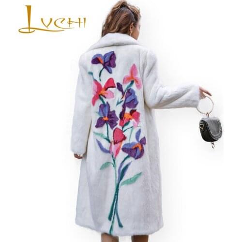 Beautiful Park with natural fur,Women long 3D floral real mink fur coat,2019 new Thick warm Womens coats,fashion white velvet