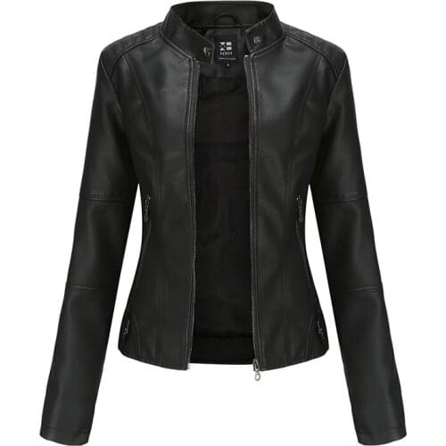 Trendy 2021 Faux Pu Leather Jackets Women Spring Autumn Outerwear Pocket Zipper Coat Slim Fitted Jacket Red Black Femme Clothing