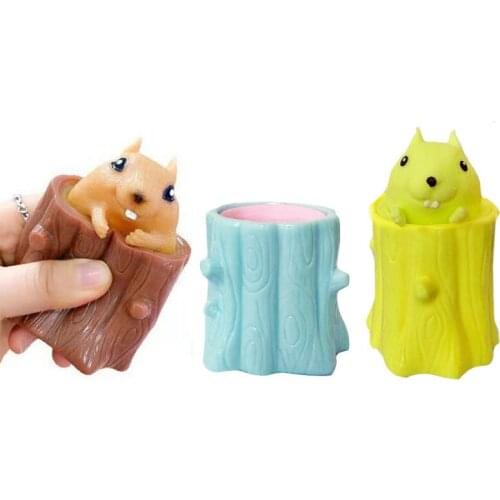 Cartoon Squirrel Tree Stump Evil Squirrel Toys Anti Stress Squeeze Decompression Funny Cute Animal Pen Holder Game Kids Gift