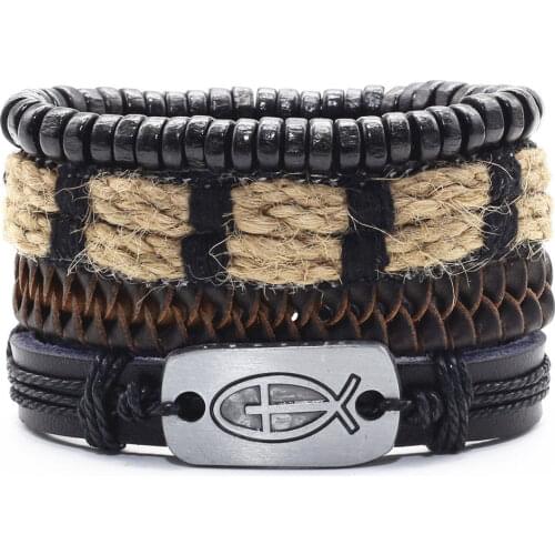 Fish Cross Infinity Black Beads Charm Handmade Woven Men Leather Bracelets Women Vintage Bangle Male Jewelry Accessories