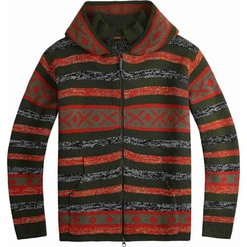 Fashion Jacquard Hooded Mans Sweater Coats Winter Wool Blend Stripe Cardigan Sweater with Cap Oversized 5XL Mens Brand Clothing