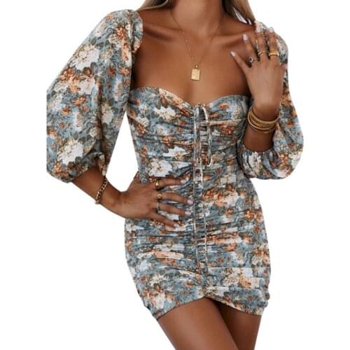 2021 Autumn New Women Floral Print Sashes Short Dress Beach Womens Slim Bag Hip Party Sexy Fashion Short Boho Ladies Mini Dress