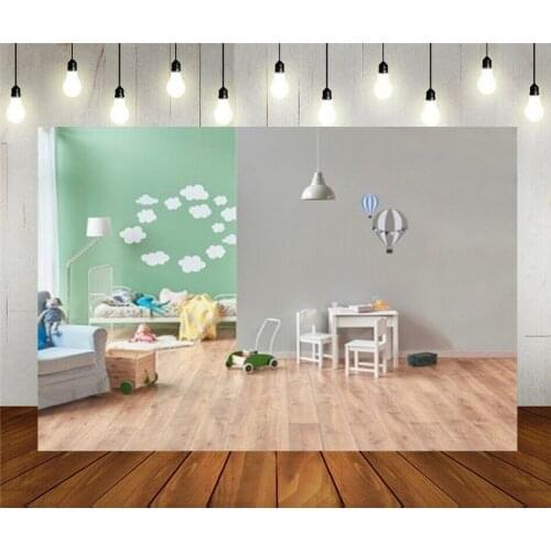 Photo Studio Props Photography Backdrop Modern Baby Room White Bed Toy Grey And Green Wall Vinyl Background For Kids Birthday