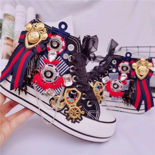Handmade sweet delicate Rhinestone tassel chain badge womens versatile inner high canvas shoes