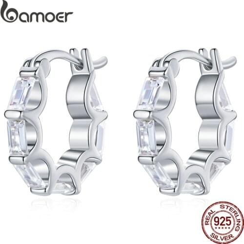 Bamoer 925 Sterling Silver square Zircon Ear Buckle Timeless Zirconium Hoop Earrings for Women Wedding Fine Jewelry BSE517