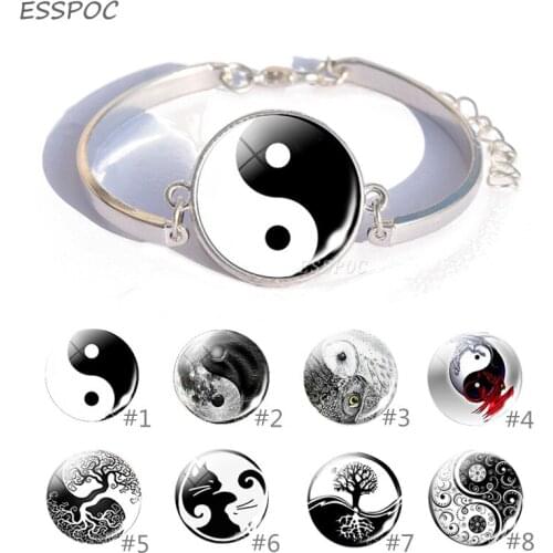 Yin Yang Cat Charm Bracelet Cothic bangle Glass Cabochon Tai Chi Taoism Jewelry Accessories Men Women Gifts