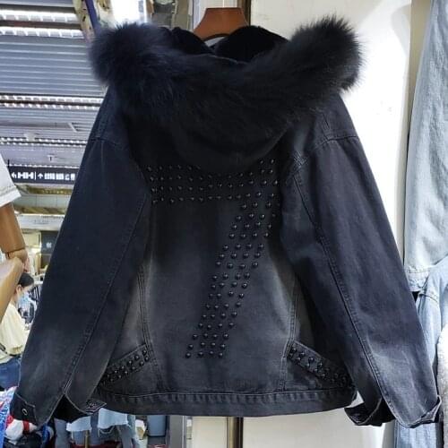 Fashion Winter Real Fur Hooded Coat Women Thick Warm Denim Jackets Punk Style Rivets Fleece Liner Outerwear Street Casual Coats