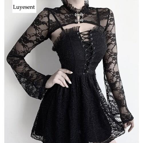 Black Punk Women Short Lace Blouse 2021 Lady Palace Tight Flare Sleeve Stand Neck Sexy Gothic Blusa Double Breasted Rock Hot Top