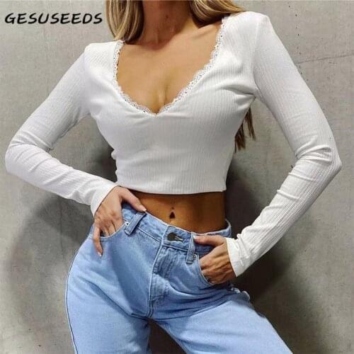 Sexy t shirt women knit long sleeve shirts lace patchwork tops women 2021 v neck ribbed t shirt backless white shirts lace up