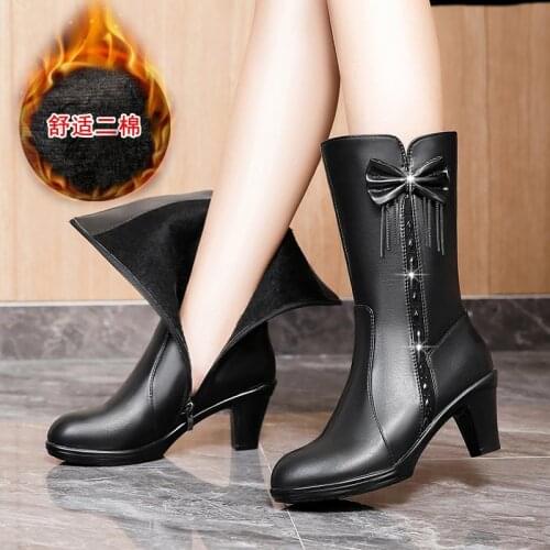 Cashmere High Heels Women Boots Sqaure High Heel Knee High Boots Faux Leather Pointed Toe Autumn Winter Long boots Mother boots