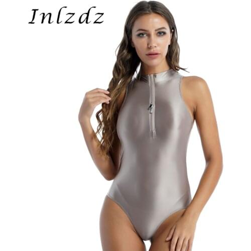 Womens Lingerie Bodysuit Swimsuit Solid Color Double Zipper Ladies Clubwear Front Leotard Glossy Sleeveless Swimwear Nightwear