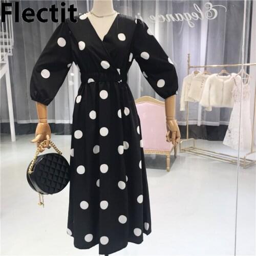 Flectit Womens Retro Polka Dot Wrap Dress with Tie Waist Side Pocket High Waist V-Neck Summer Vacation Dress