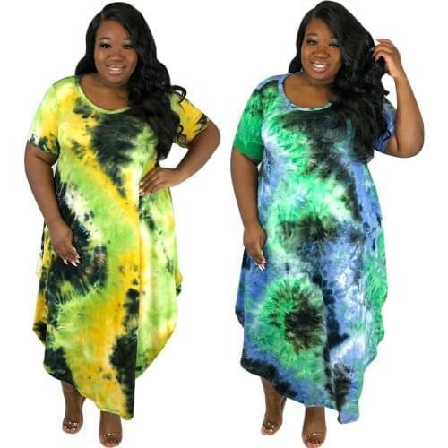 XL-5XL Plus Size Party Dresses for Women Tie Dye Print Boho Beach Dress Summer Loose Short Sleeve Robe Femme Dress Vestidos