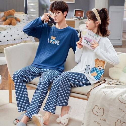 Long Sleeve Couple Winter Pajamas Set Korean Fashion Blue Plaid Trousers Couple Cotton Homewear Cartoon Cute Bear Women Pajamas