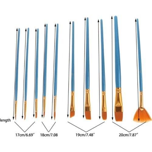 10Pc Acrylic Paint Brush Nylon Hair Watercolor Flabellum Pointed Tip Artists Set